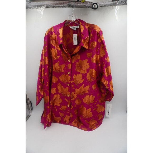 Caroline Rose NWT Pink & Gold Floral Shimmer Lagenlook Artsy Plus Size 3X Blouse - Picture 1 of 15